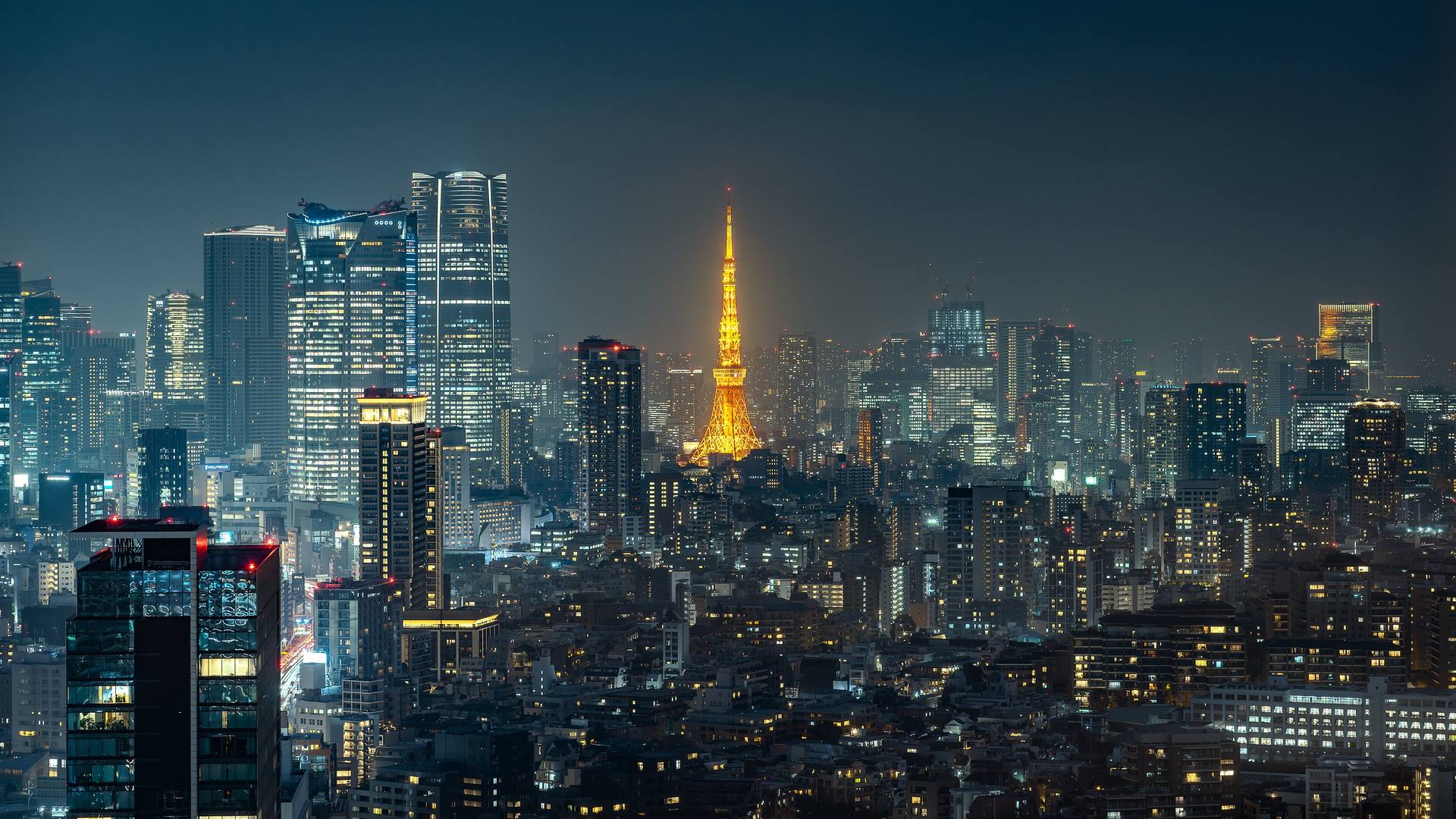 Tokyo skyline at dusk with Tokyo Tower lit up
